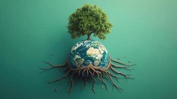 Earth with Tree and Roots Symbolizing Environmental Conservation and Global Sustainability on Green Background photo