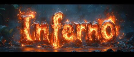 Fiery Inferno Text with Flames and Smoke in a Dark, Dramatic Background photo