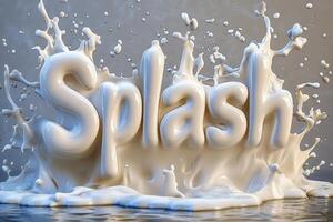 Dynamic Milk Splash Forming the Word 'Splash' in Mid-Air with Droplets and Ripples photo