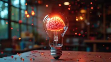 Creative Concept of Brain Inside Light Bulb with Glowing Particles in Modern Industrial Setting photo