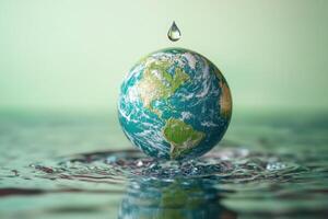 Earth Globe with Water Drop Splashing in Calm Water Representing Environmental Conservation and Global Awareness photo