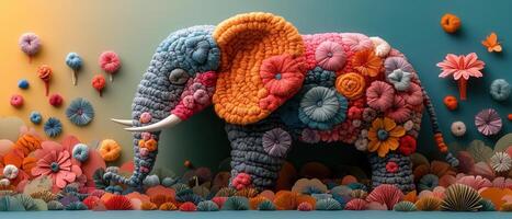 Vibrant Elephant Sculpture Made of Colorful Yarn Flowers Against a Gradient Background photo