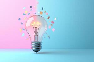 Creative Light Bulb with Colorful Confetti on Pink and Blue Background - Innovation and Ideas Concept photo
