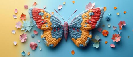 Colorful Yarn Butterfly with Paper Flowers on Gradient Background - Creative Art and Craft Concept photo