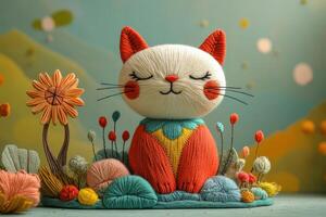 Colorful Yarn Cat Figurine in a Whimsical Garden Setting with Flowers and Plants photo