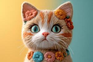 Adorable Knitted Cat with Colorful Embroidered Flowers on Yellow and Blue Background photo
