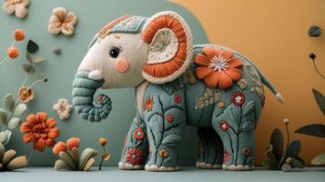Handcrafted Embroidered Elephant with Floral Patterns in a Vibrant and Artistic Setting photo