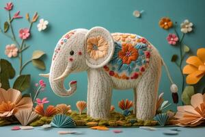 Handcrafted Knitted Elephant with Colorful Embroidery in a Floral Paper Art Background photo