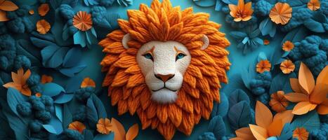 Vibrant Lion Head Made of Yarn Surrounded by Colorful Paper Flowers and Leaves on a Blue Background photo