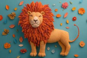 Colorful Handmade Lion with Vibrant Mane and Paper Flowers on Blue Background photo