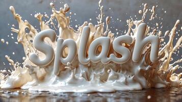 Dynamic Milk Splash with 3D Text Effect on Wooden Surface - High-Speed Photography photo