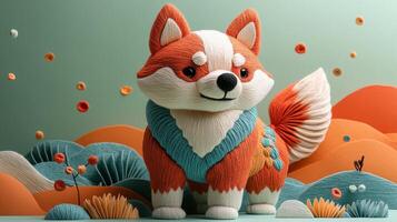 Adorable Handcrafted Fox Figurine in a Colorful Paper Art Landscape with Flowers and Leaves photo