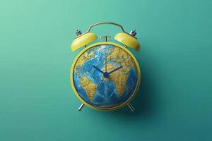 Creative Concept of a Vintage Alarm Clock with a World Map Design on a Green Background photo
