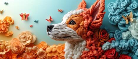 Vibrant Artistic Dog Portrait Surrounded by Colorful Flowers and Butterflies in a Whimsical Setting photo