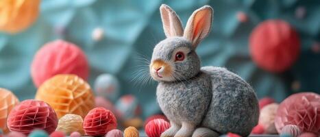 Adorable Grey Rabbit Surrounded by Colorful Paper Decorations in a Festive Setting photo