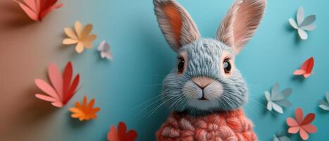 Adorable Blue Rabbit in Knitted Sweater with Colorful Paper Flowers on Blue Background photo
