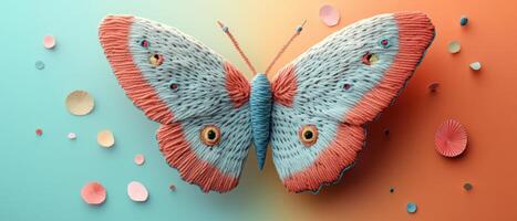Colorful Embroidered Butterfly on Gradient Background with Decorative Paper Elements photo