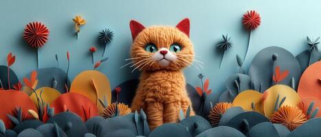 Adorable Orange Cat with Blue Eyes Sitting in a Colorful Paper Art Garden with Flowers and Plants photo