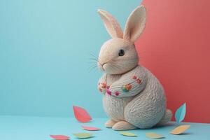 Adorable Handmade Yarn Bunny with Colorful Decorations on a Vibrant Background photo