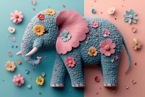 Colorful Handmade Knitted Elephant with Floral Decorations on Pastel Background photo