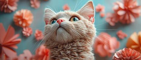 Adorable Ginger Cat with Blue Eyes Surrounded by Pink Paper Flowers in a Dreamy Setting photo