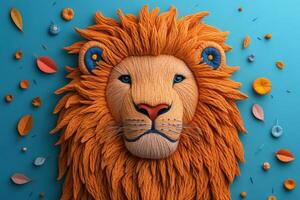 Colorful Lion Head Made of Yarn with Leaves and Buttons on Blue Background photo