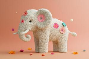 Adorable Handmade Knitted Elephant Toy with Colorful Flower Decorations on a Soft Peach Background photo