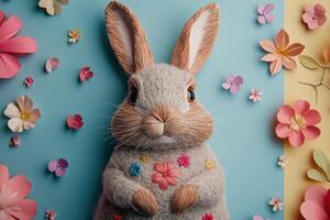 Adorable Furry Bunny Surrounded by Colorful Paper Flowers on Pastel Background photo