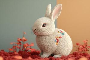 Adorable White Rabbit with Embroidered Floral Patterns in a Colorful, Artistic Setting photo