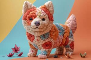 Adorable Yarn Dog Sculpture with Colorful Floral Patterns on Vibrant Background photo