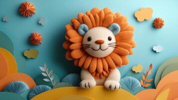 Adorable Handmade Felt Lion Toy with Colorful Background - Perfect for Children's Decor and Crafts photo