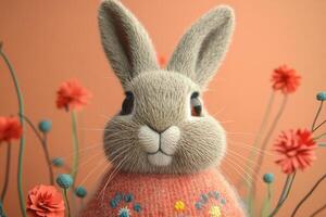 Adorable Fluffy Bunny in Knitted Sweater Surrounded by Colorful Flowers on a Warm Orange Background photo