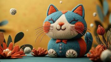 Adorable Handmade Felt Cat with Floral Background - Cute and Whimsical Craft Decoration photo