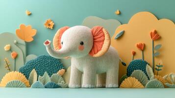 Adorable Knitted Elephant Toy in a Colorful Handmade Paper Craft Forest with Flowers and Butterflies photo
