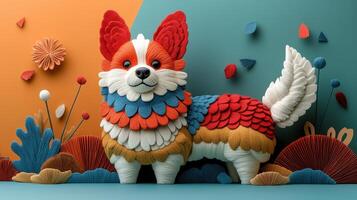 Colorful Felt Art Dog with Floral Background - Vibrant Handmade Textile Artwork of a Cute Canine photo