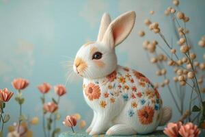 Adorable White Rabbit with Floral Pattern Surrounded by Flowers in a Pastel Background photo