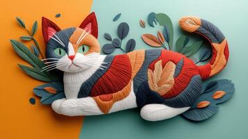 Colorful Calico Cat Made of Yarn and Fabric on a Vibrant Background with Leaves and Plants photo
