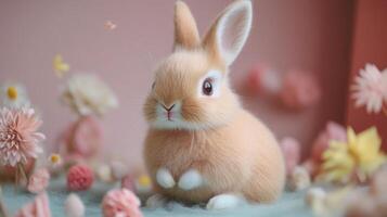 Adorable Fluffy Bunny Surrounded by Soft Pink Flowers in a Dreamy Pastel Setting photo