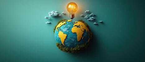 Creative Concept of a Light Bulb Illuminating the World with Clouds and Greenery on a Blue Background photo