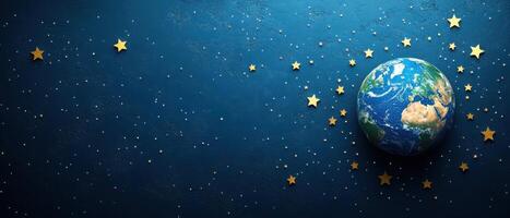 Earth in Space with Stars on Dark Blue Background - High Resolution Planetary Image photo