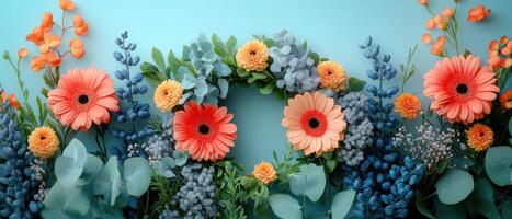 Vibrant Floral Arrangement with Gerbera Daisies and Eucalyptus on a Light Blue Background photo