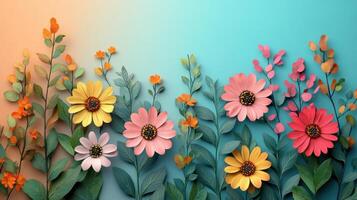 Colorful Paper Flowers on Gradient Background with Vibrant Leaves and Blossoms photo