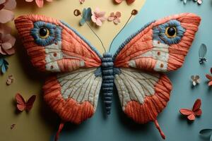 Colorful Handmade Yarn Butterfly with Paper Flowers on Pastel Background - Creative Craft and Art Design photo