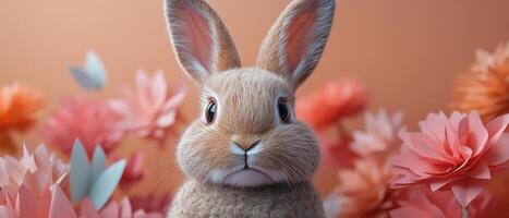 Adorable Brown Bunny Surrounded by Pink Paper Flowers on a Soft Peach Background photo