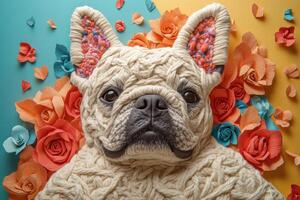 Adorable French Bulldog Wrapped in Yarn Surrounded by Colorful Paper Flowers on a Vibrant Background photo