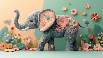 Adorable Knitted Elephant with Colorful Floral Embellishments in a Whimsical Pastel Setting photo