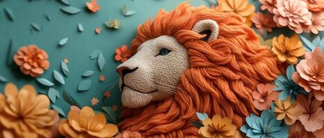 Vibrant Paper Art Lion with Lush Mane Surrounded by Colorful Flowers on a Teal Background photo