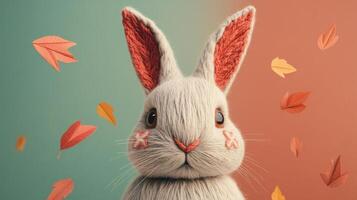 Adorable Fluffy Bunny with Autumn Leaves on Colorful Background - Perfect for Seasonal and Festive Themes photo