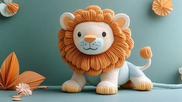 Adorable Handmade Knitted Lion Toy with Orange Mane and Blue Body on Teal Background photo
