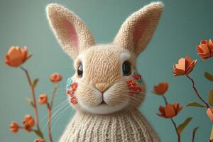 Adorable Knitted Bunny with Embroidered Cheeks Surrounded by Orange Flowers on Teal Background photo